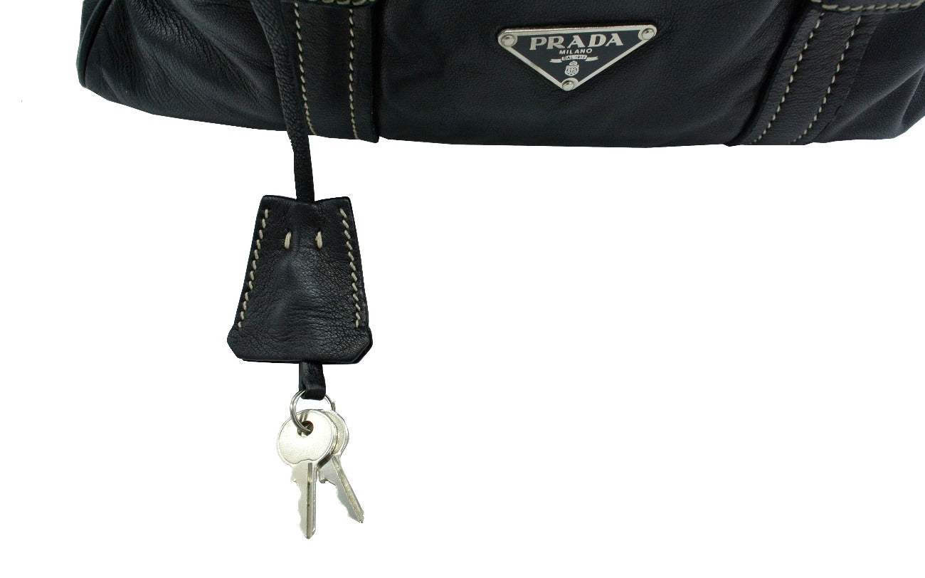 Prada Vintage Black Leather Topstitched Handbag