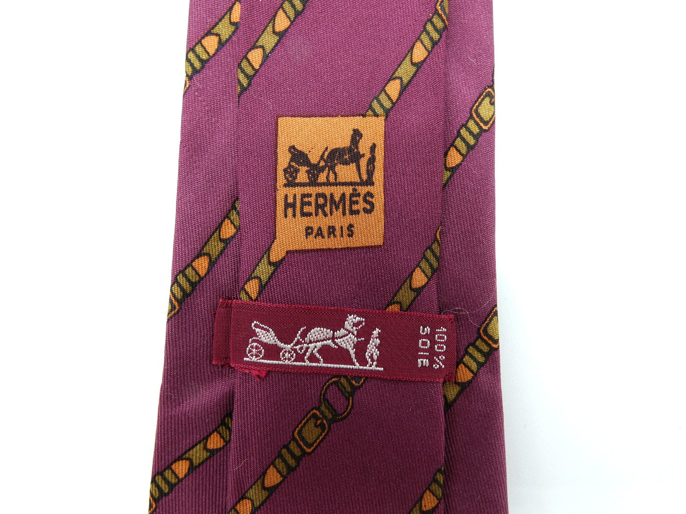 Hermès Maroon with Sage and Gold Belts Graphic Silk Tie