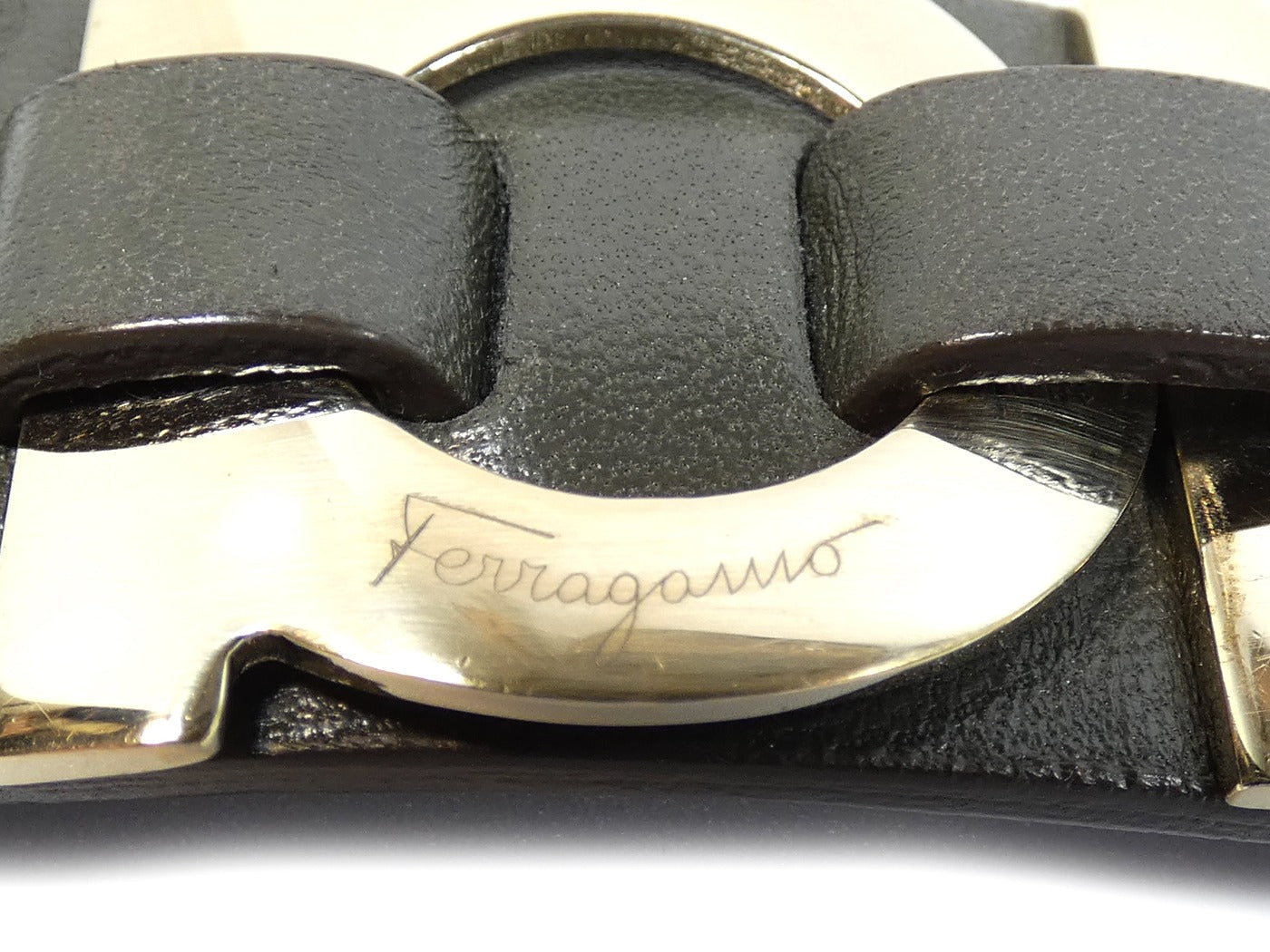 Salvatore Ferragamo Leather and Silver Tone Gancini Bracelet