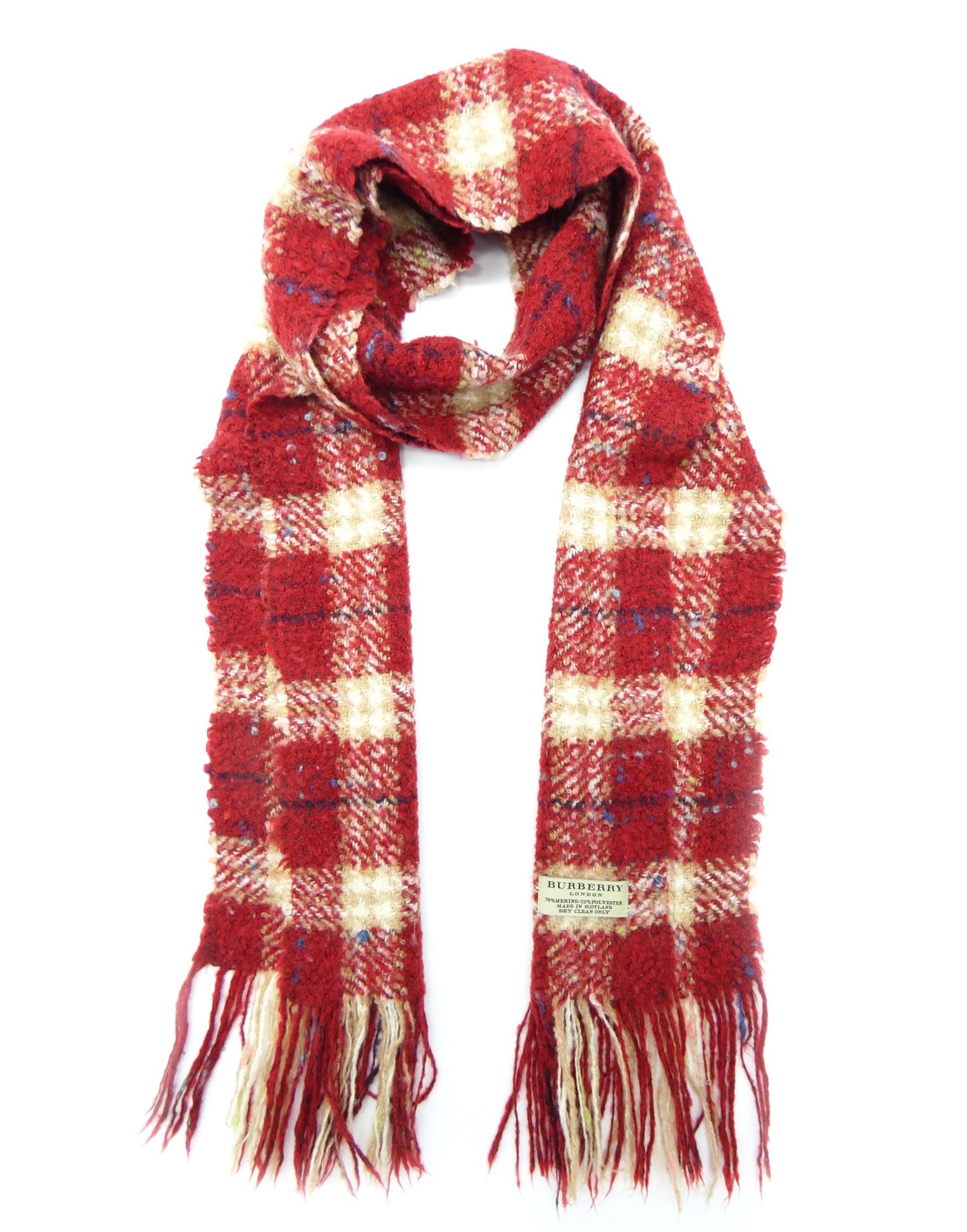 Burberry Bobbled Wool Plaid Red and White Scarf