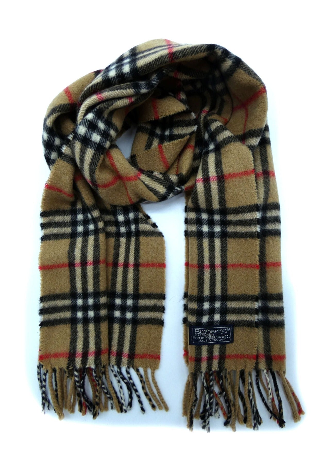 Burberrys Vintage Cashmere and Wool House Check Camel Scarf