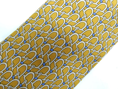 Gucci Vintage Gold and Light Blue Horsebit Graphic Silk Tie