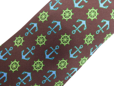 Gucci Vintage Brown Blue and Green Nautical Graphic Silk Tie