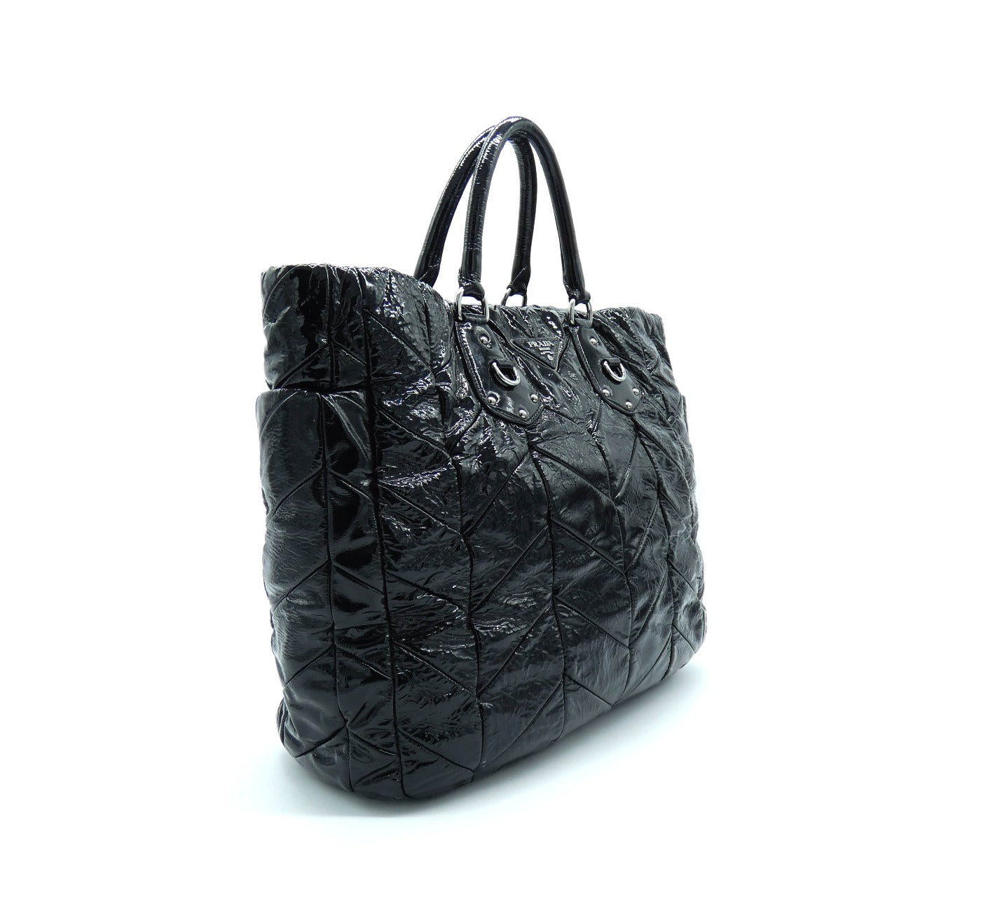 Prada Black Patent Large Leather Chevron Quilted Tote