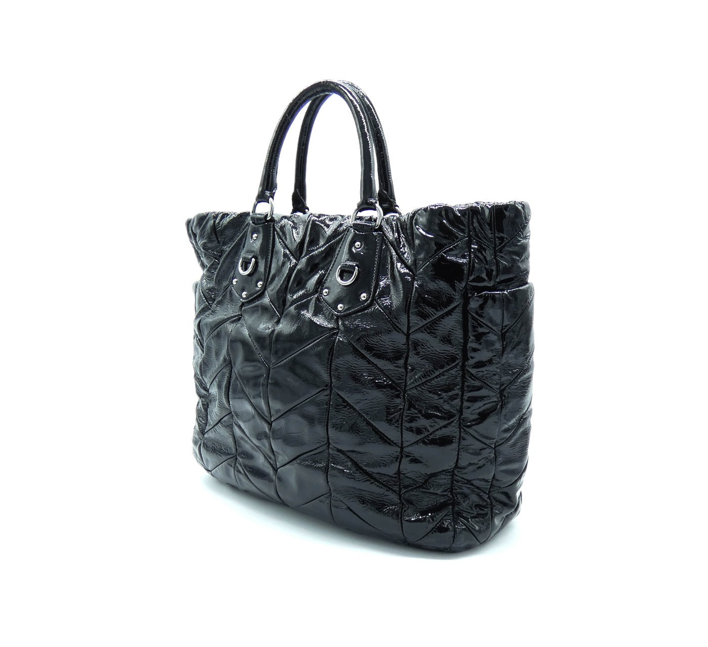 Prada Black Patent Large Leather Chevron Quilted Tote