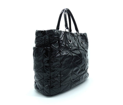 Prada Black Patent Large Leather Chevron Quilted Tote