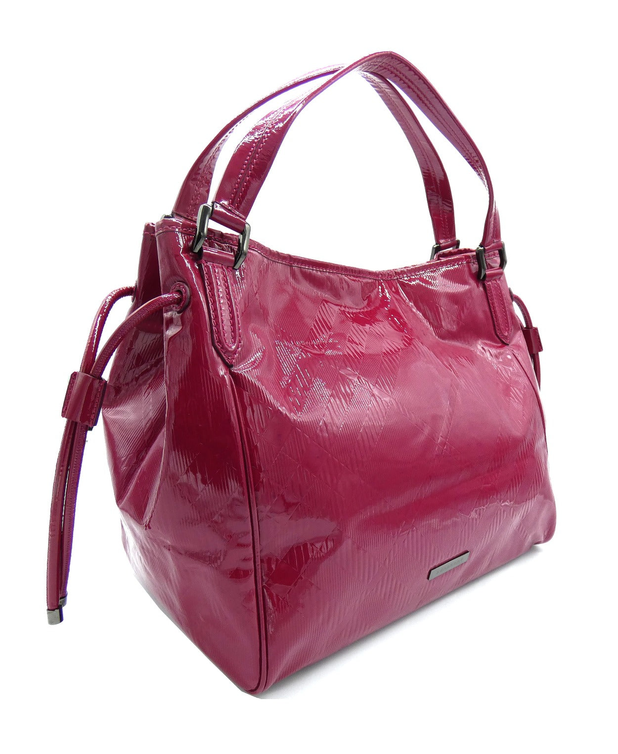 Burberry Large Raspberry Patent Check Embossed Bilmore Handbag