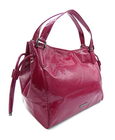 Burberry Large Raspberry Patent Check Embossed Bilmore Handbag