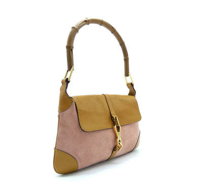 Gucci Pink Suede and Tan Vintage Bamboo Jackie Bag