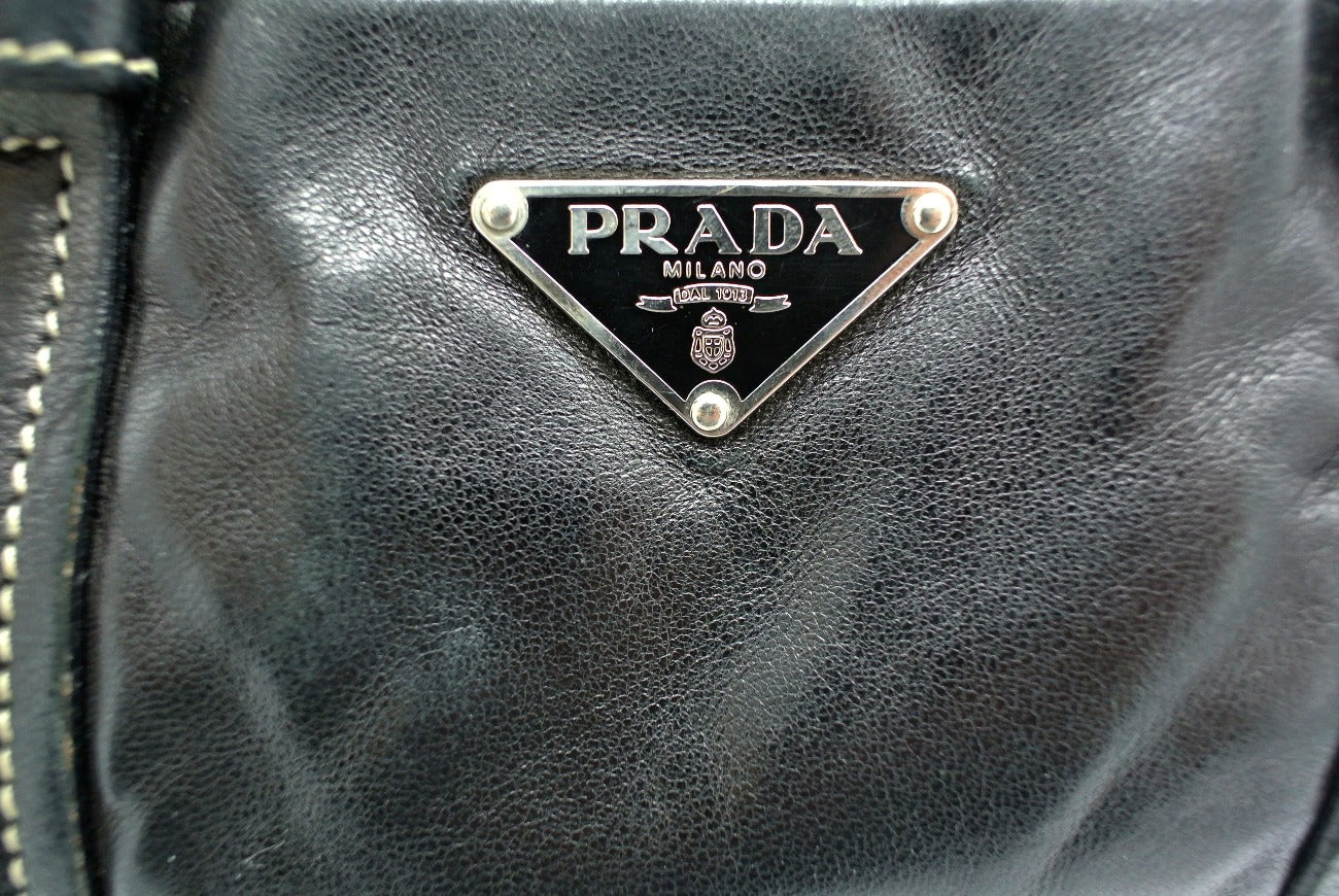 Prada Vintage Black Leather Topstitched Handbag