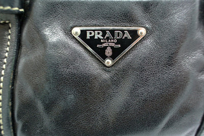 Prada Vintage Black Leather Topstitched Handbag