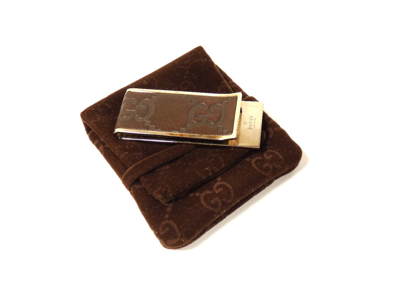 Gucci Silver and Brown GG Leather Money Clip Wallet Gucci