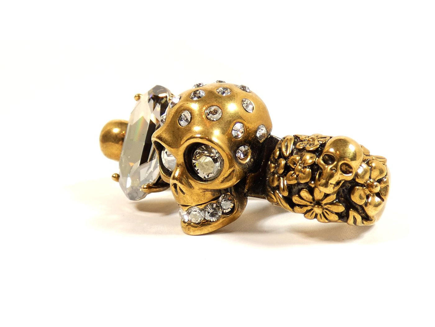 Alexander McQueen Antique Gold and Crystal Skull Knuckle Duster Ring