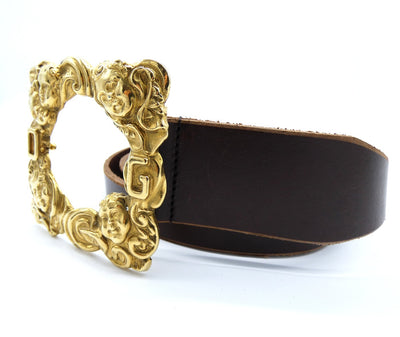 Dolce & Gabbana Brown Leather Gold Cherub Buckle Belt