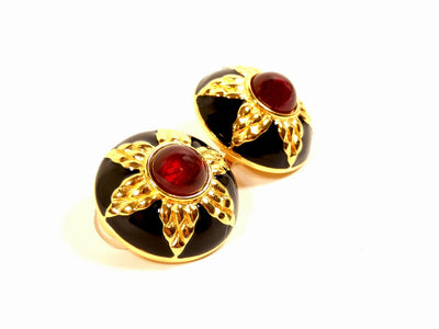 Fendi Vintage Red Stone and Black Enamel Clip Earrings