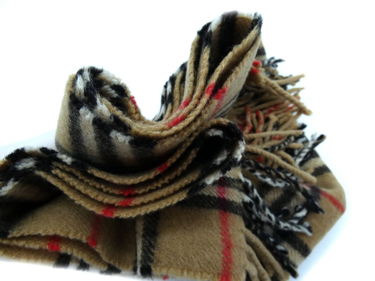 Burberrys Vintage Cashmere and Wool House Check Camel Scarf